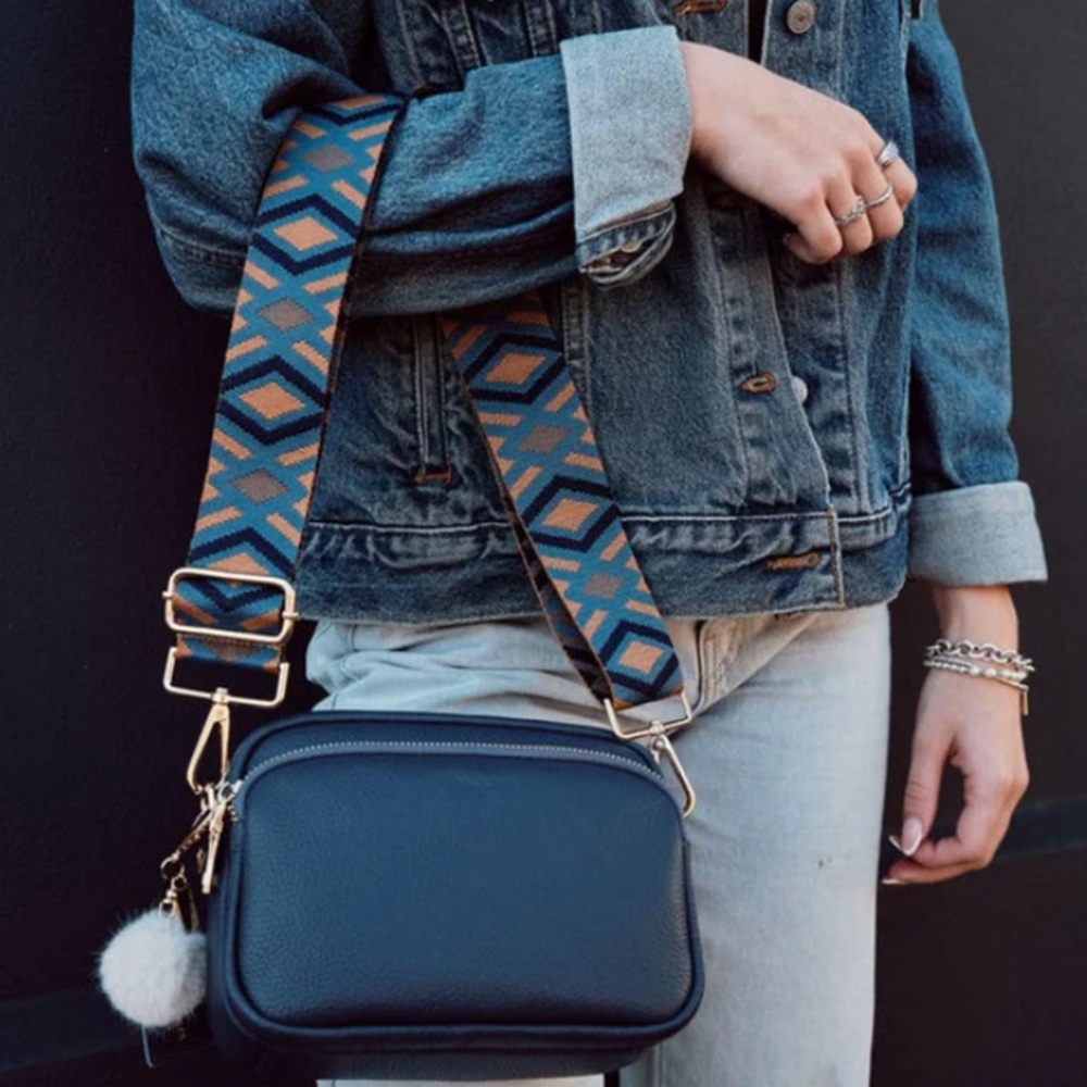 Pom Pom London Blue and Tan Diamond Bag Strap with Gold Hardware - Picture 2 of 3